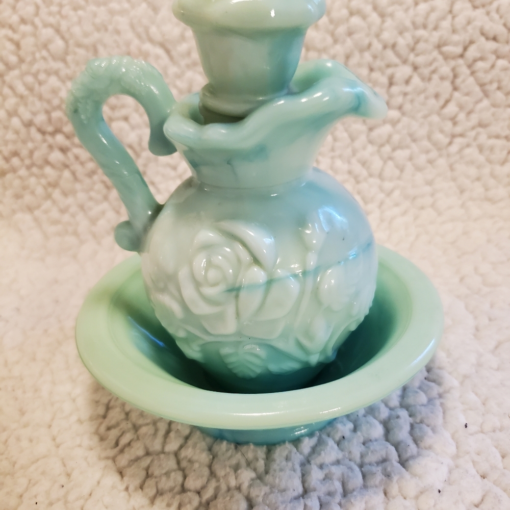Vintage Avon Perfume Bottle.  Teal pitcher with stopper and bowl